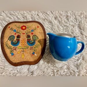 2 Items ZERO JAPAN Blue Ceramic Teapot & VINTAGE Pa Dutch Rooster  Trivet